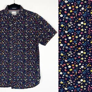 Cactus Man Casual Button Down Shirt Floral Cotton Medium Slim Fit Navy Blue